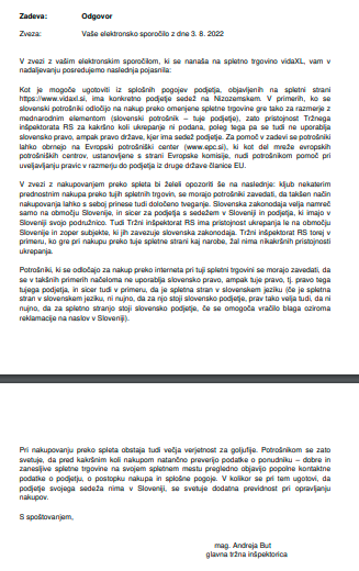 
				Odgovor glavne tržne in&scaron;pektorice mag. Andreje But. (Foto: Prava.si)			