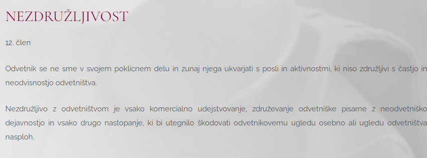 
				12. člen Kodeksa odvetni&scaron;ke poklicne etike. (Foto: Posnetek zaslona- Odvetni&scaron;ka zbornica Slovenije)			