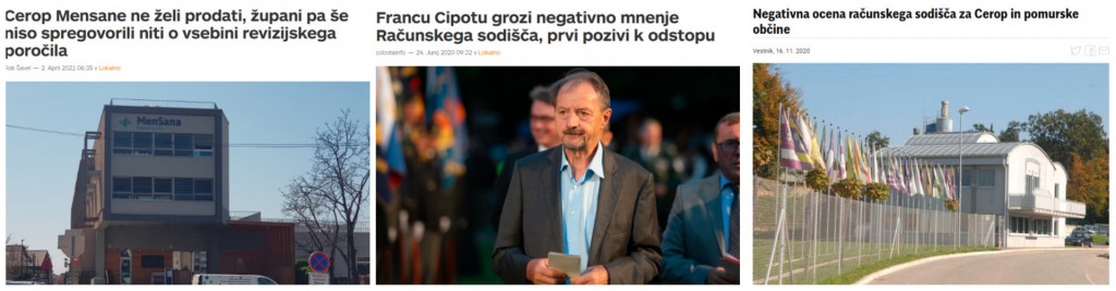 
				Lokalni mediji so v preteklosti kritično poročali o projektu Mensana in vodenja Ceropa pod vodstvom Franca Cipota. (Foto: Posnetek zaslona-Sobotainfo, Vestnik, Nata&scaron;a Juhnov, Mediaspeed)			