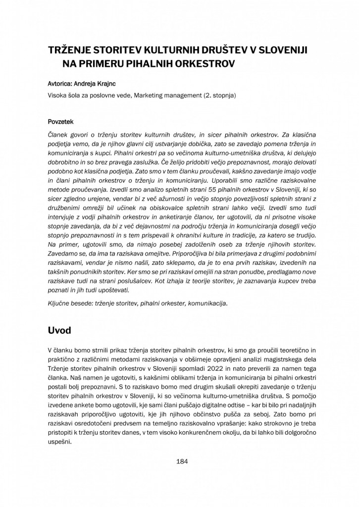 TRŽENJE STORITEV KULTURNIH DRUŠTEV V SLOVENIJI NA PRIMERU PIHALNIH ORKESTROV