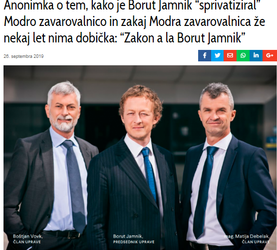 
				Člani uprave Modre zavarovalnice so: Borut Jamnik predsednik in člana uprave Matija Debelak in Boštjan Vovk. (Foto: Posnetek zaslona-Topnews)			