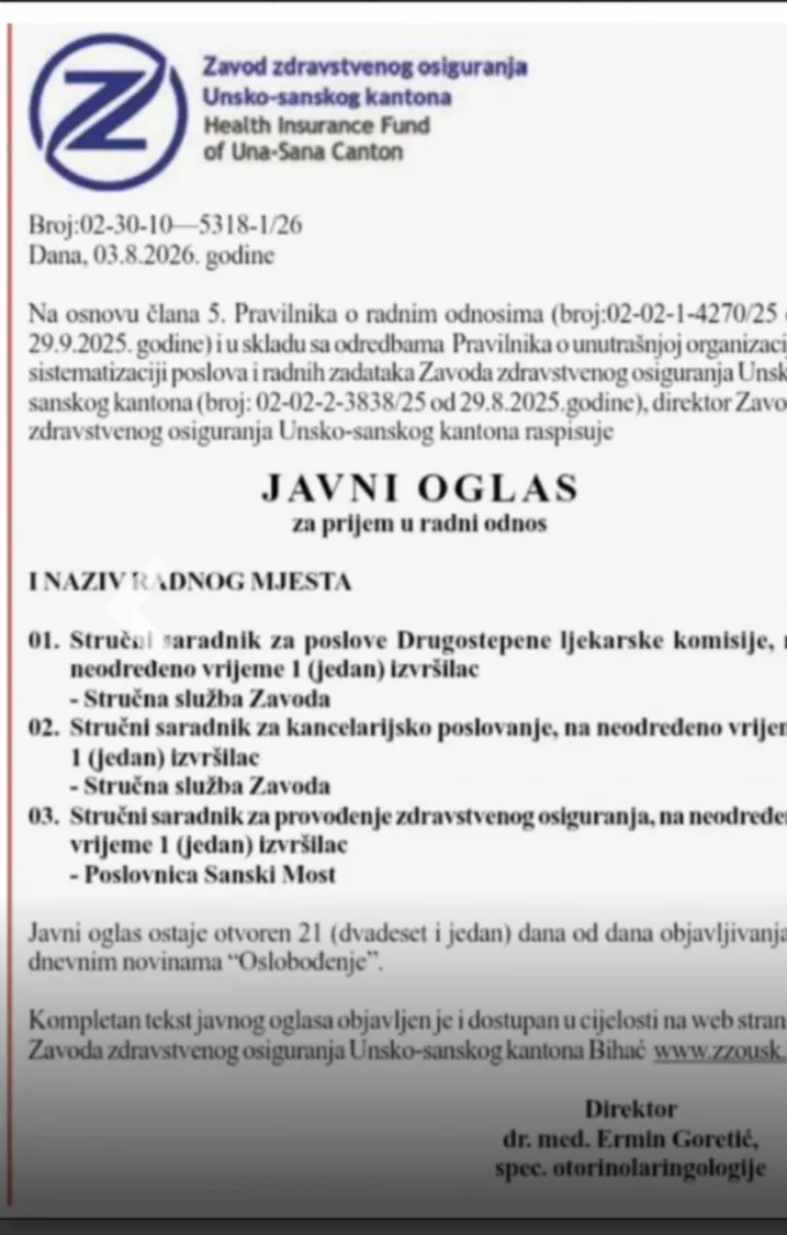 Javni oglas za zapošljavanje u ZZO KS