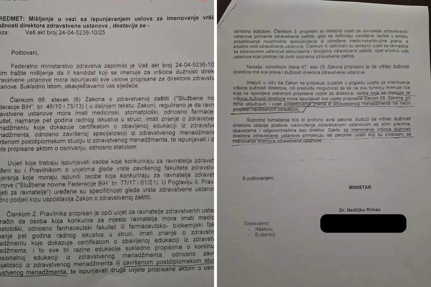 Dopis ministra Rimca o imenovanju v.d. direktora KB Bihać