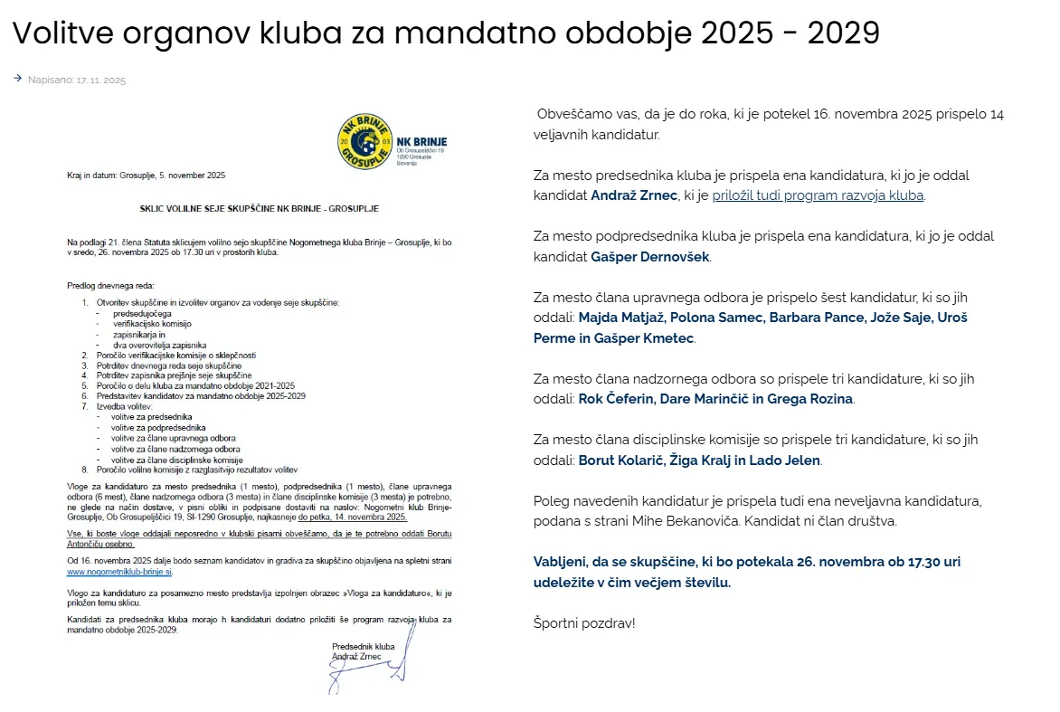 Predlagana kandidatna lista za obdobje 2025-2029 NK Brinje Grosuplje. (Foto: Posnetek zaslona-NK Brinje Grosuplje).