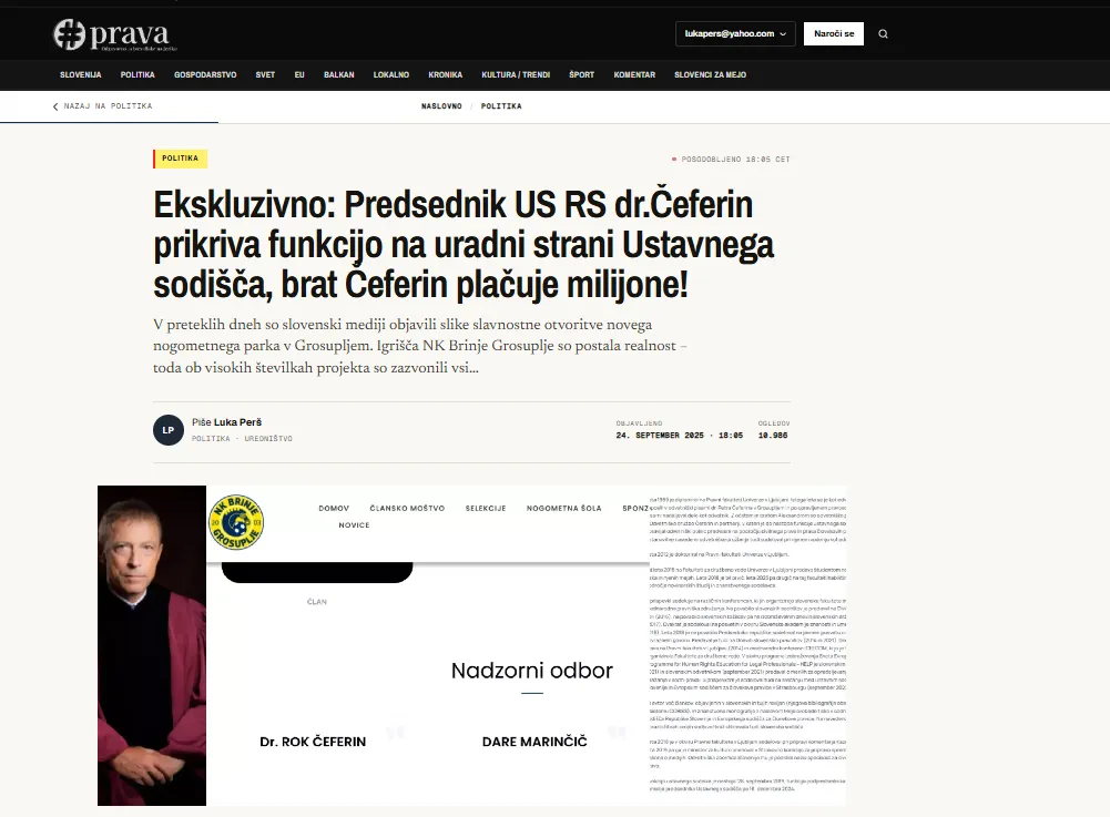 Zanimivo, ko smo mi objavili članek konec septembra 2025, Rok Čeferin Ustavno sodišče ni seznanil, da opravlja dodatno dejavnost kot športni funkcionar v NK Brinje Grosuplje. Foto: Prava.si