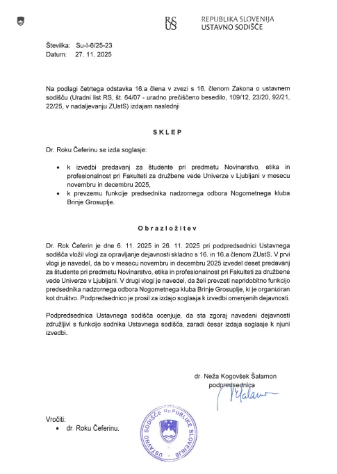 Dne 27. novembra 2025 je podpredsednica US Nrža Kogovšek Šalamon izdala dovoljenje , da lahko opravlja Čeferin dejavnost športnega funkcionarja. Ali je deloval nezakonito, ker tega ni prijavil v preteklosti?