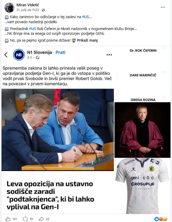 Objava Mirana Videtiča sproža resne pomislike, ali se ni tudi tokrat predsednik US RS dr. Rok Čeferin ujel v konflikte interesov? (Foto: Posnetek zaslona-FB Miran Videtič)