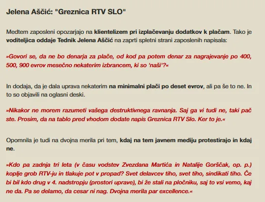 Besede Jelene Aščič o sedanjem vodstvu RTV Slovenija. (Foto: Posnetek zaslona-Info360)