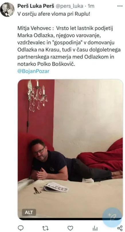Mitja Vehovec se slika v eni izmed spalnic Marka Odlazka??? na  posestvu na območju Krasa. (Foto: Posnetek zaslona- Tvit Luka Perš, javno dostopni  FB profil  Mitja Vehovec)