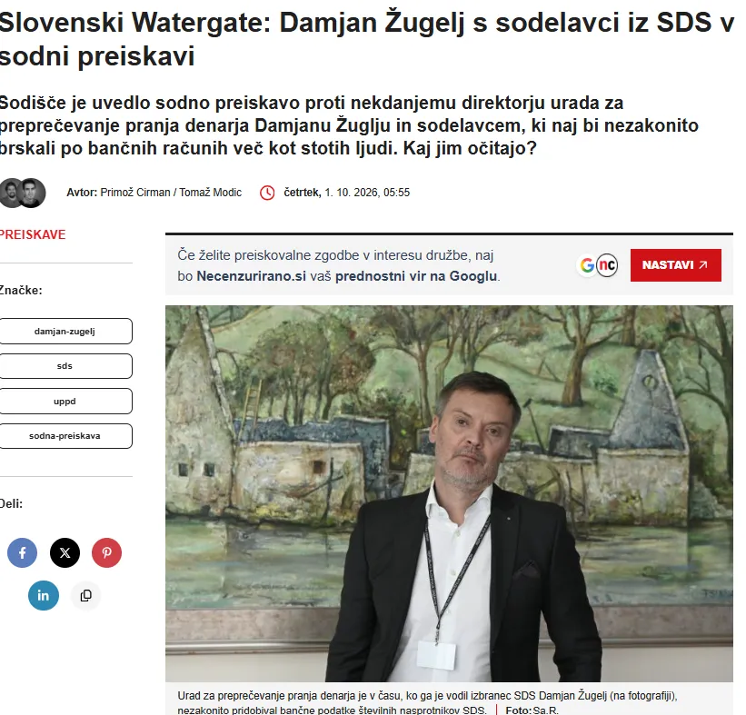 Eden izmed objavljenih člankov v spletnem mediju Necenzurirano, zaradi katerega je Damjan Žugelj vložil pritožbo na Novinarsko častno razsodišče. (Foto: Posnetek zaslona-Necenzurirano)