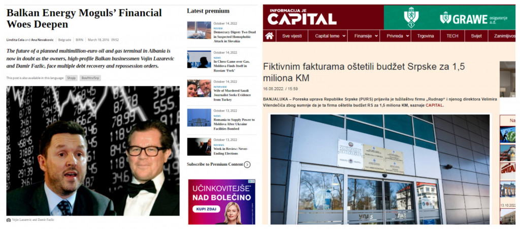 
				Na levi strani sporna balkanska elektro-energetska prijatelja sedanjega predsednika vlade dr. Roberta Goloba, Vojin Lazarević in Damir Fazlić. (Foto: Posnetek zaslona- BalkanInsight in Capital.ba)			